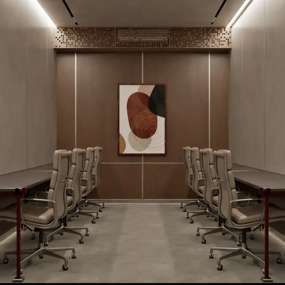 Boardroom table beneath framed artwork