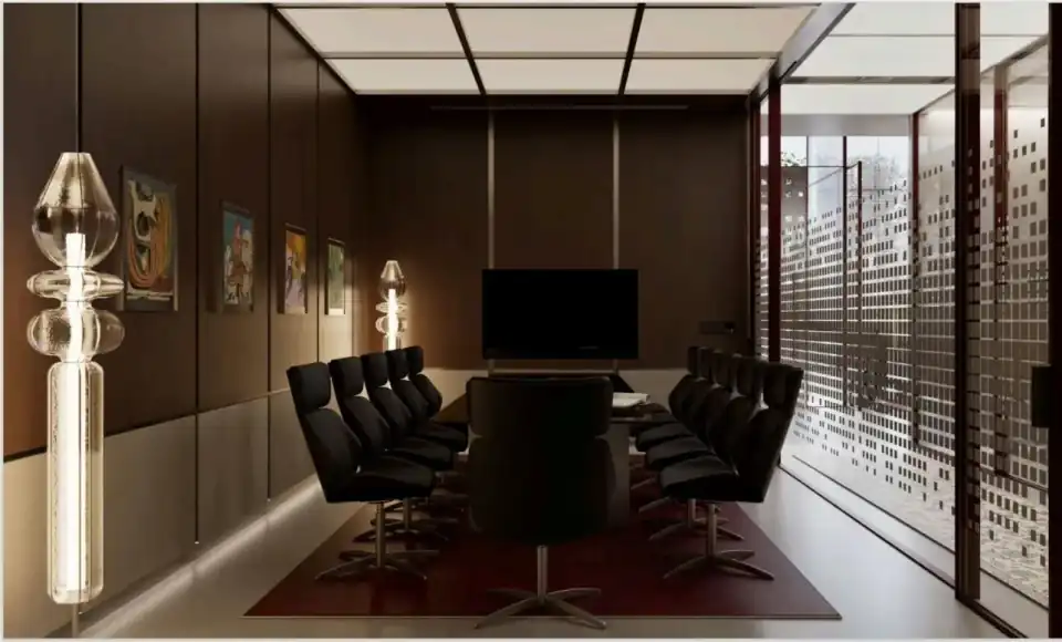 Boardroom with presentation screen and perforated screen window