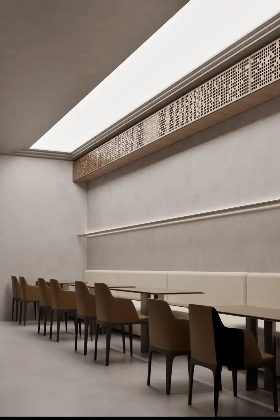 Long communal table in the café
