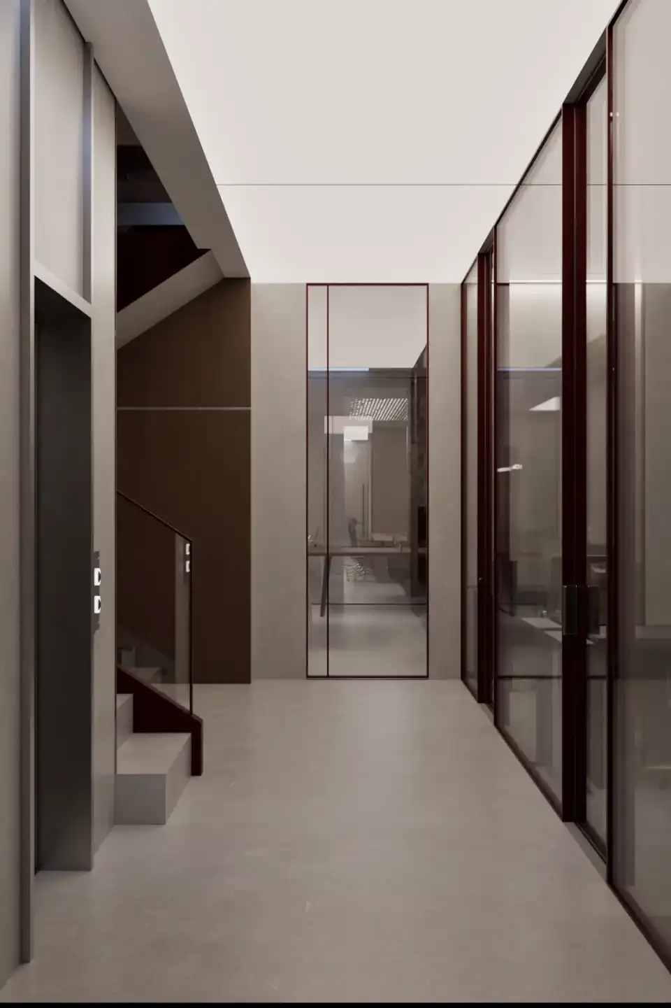 Corridor past glazed offices