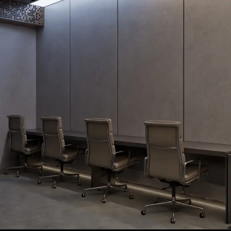 Dedicated desks along the wall in evening light