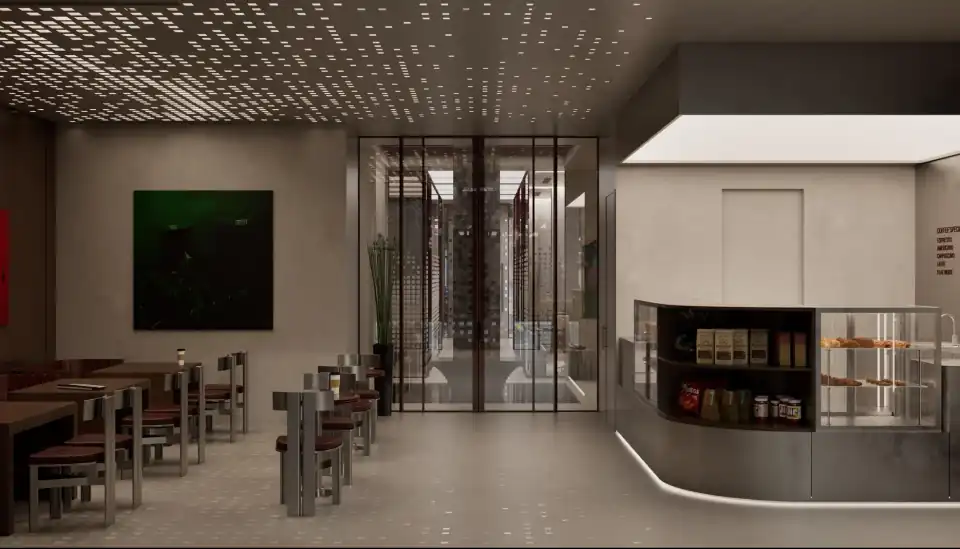 Dining room and café counter seen together