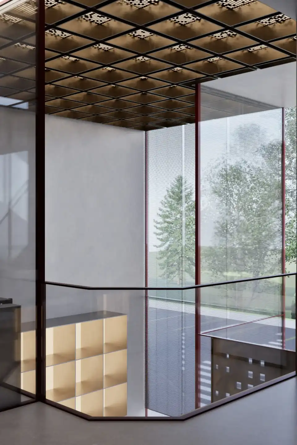 Entrance with brass coffered ceiling and glazing