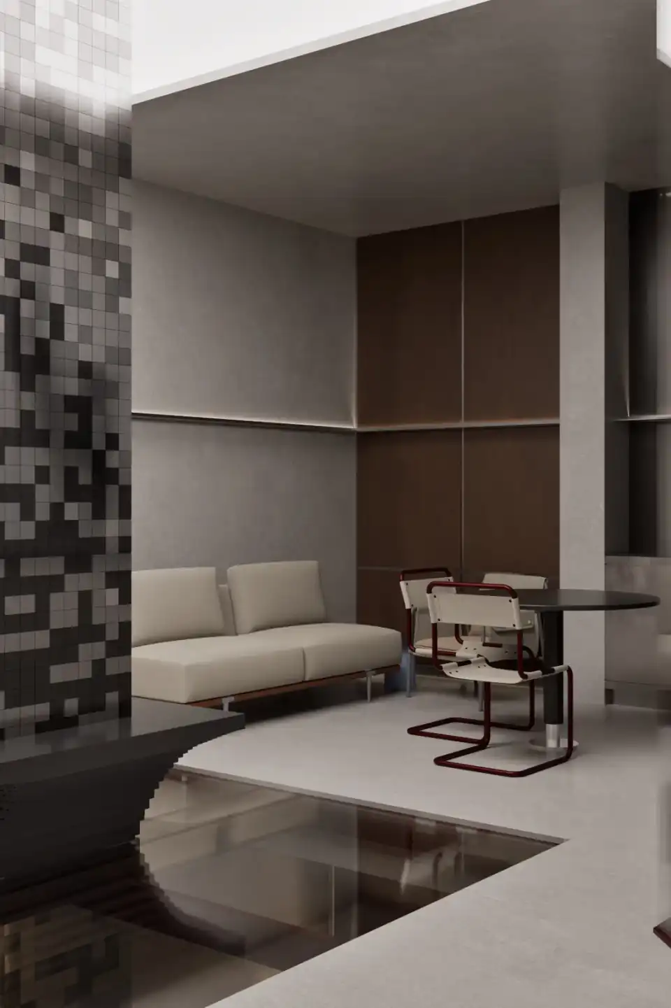 Lounge seating against the mosaic wall