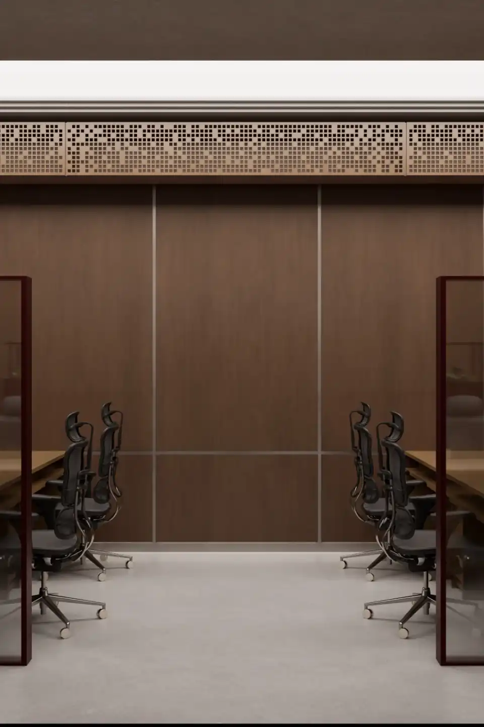 Glazed meeting rooms in walnut and stone