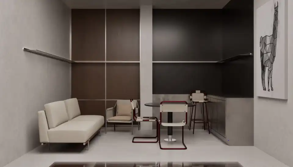 Members' lounge with sofa and bar counter