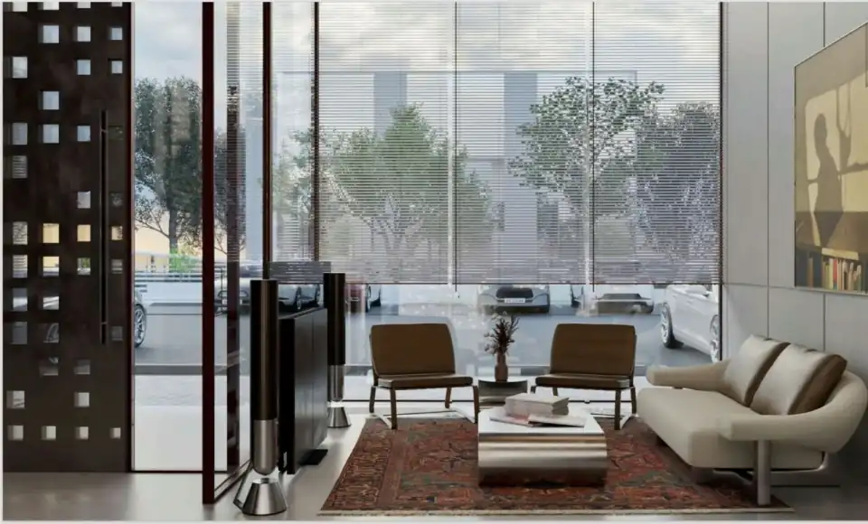 Reception lounge with seating and rug at Fairway Junction
