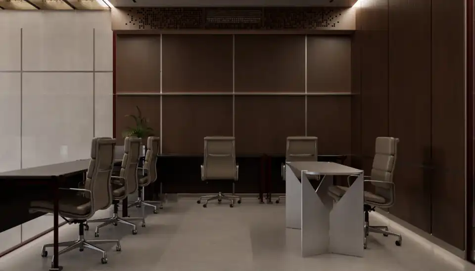 Workstations against a walnut feature wall